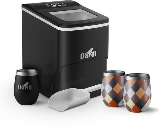 Bardi IJsblokjesmachine Set - 2 Liter Zwart - 12KG IJsblokjes in 24 uur - met IJsschep - Inclusief 3 Luxe Thermosbekers en Ijsschep - Blok van Bardi