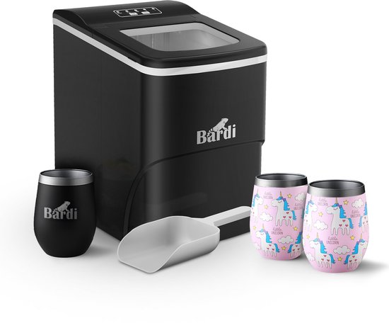 Bardi IJsblokjesmachine Set - 2 Liter Zwart - 12KG IJsblokjes in 24 uur - met IJsschep - Inclusief 3 Luxe Thermosbekers en Ijsschep - Eenhoorn van Bardi