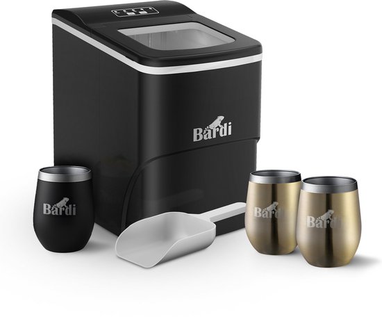 Bardi IJsblokjesmachine Set - 2 Liter Zwart - 12KG IJsblokjes in 24 uur - met IJsschep - Inclusief 3 Luxe Thermosbekers en Ijsschep - Goud van Bardi