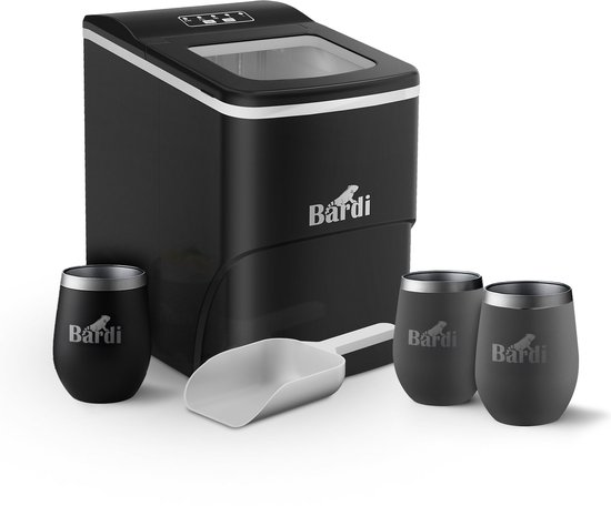 Bardi IJsblokjesmachine Set - 2 Liter Zwart - 12KG IJsblokjes in 24 uur - met IJsschep - Inclusief 3 Luxe Thermosbekers en Ijsschep - Grijs van Bardi