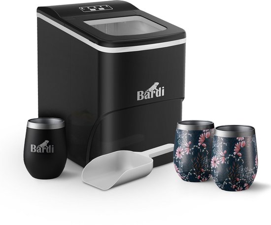 Bardi IJsblokjesmachine Set - 2 Liter Zwart - 12KG IJsblokjes in 24 uur - met IJsschep - Inclusief 3 Luxe Thermosbekers en Ijsschep - Japanese Flower van Bardi