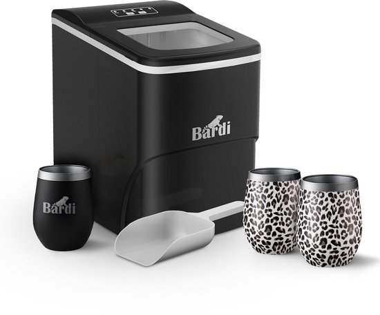 Bardi IJsblokjesmachine Set - 2 Liter Zwart - 12KG IJsblokjes in 24 uur - met IJsschep - Inclusief 3 Luxe Thermosbekers en Ijsschep - Leo van Bardi