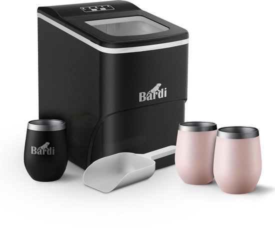 Bardi IJsblokjesmachine Set - 2 Liter Zwart - 12KG IJsblokjes in 24 uur - met IJsschep - Inclusief 3 Luxe Thermosbekers en Ijsschep - Roze van Bardi