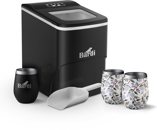 Bardi IJsblokjesmachine Set - 2 Liter Zwart - 12KG IJsblokjes in 24 uur - met IJsschep - Inclusief 3 Luxe Thermosbekers en Ijsschep - White Flower van Bardi