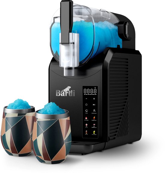 Bardi Slush Puppy Machine SET – 7-in-1 Slush, Milkshake en Smoothie Maker (2,1 liter, BPA-vrij, 40 dB, Touch-bediening) - Zwart - Met 2 Slush Puppy Dubbelwandige Thermoscups Abstract Colours van Bardi
