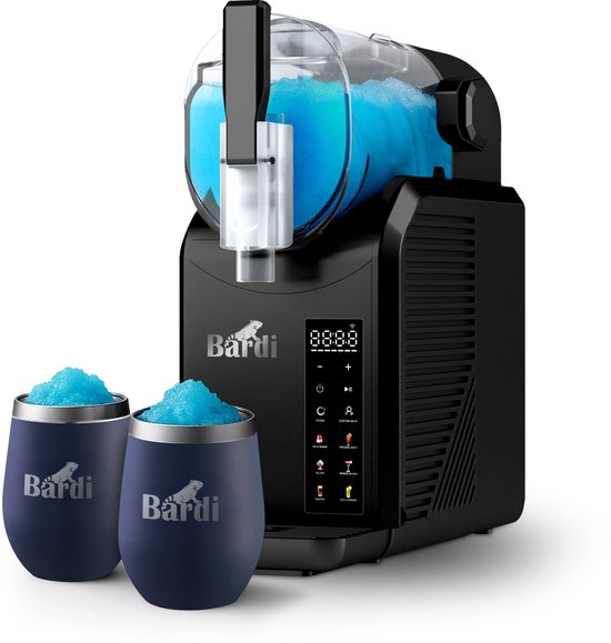 Bardi Slush Puppy Machine SET – 7-in-1 Slush, Milkshake en Smoothie Maker (2,1 liter, BPA-vrij, 40 dB, Touch-bediening) - Zwart - Met 2 Slush Puppy Dubbelwandige Thermoscups Blauw van Bardi