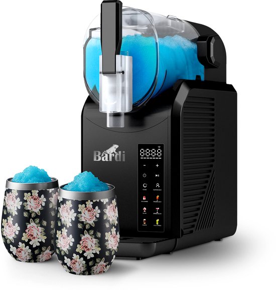 Bardi Slush Puppy Machine SET – 7-in-1 Slush, Milkshake en Smoothie Maker (2,1 liter, BPA-vrij, 40 dB, Touch-bediening) - Zwart - Met 2 Slush Puppy Dubbelwandige Thermoscups Bloemetjes van Bardi