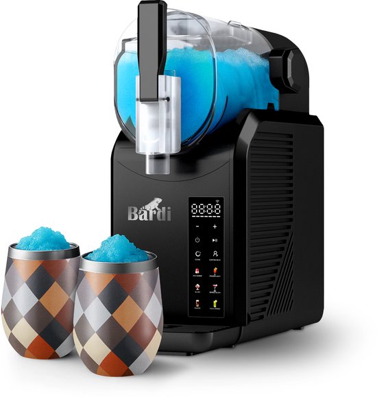 Bardi Slush Puppy Machine SET – 7-in-1 Slush, Milkshake en Smoothie Maker (2,1 liter, BPA-vrij, 40 dB, Touch-bediening) - Zwart - Met 2 Slush Puppy Dubbelwandige Thermoscups Blok van Bardi