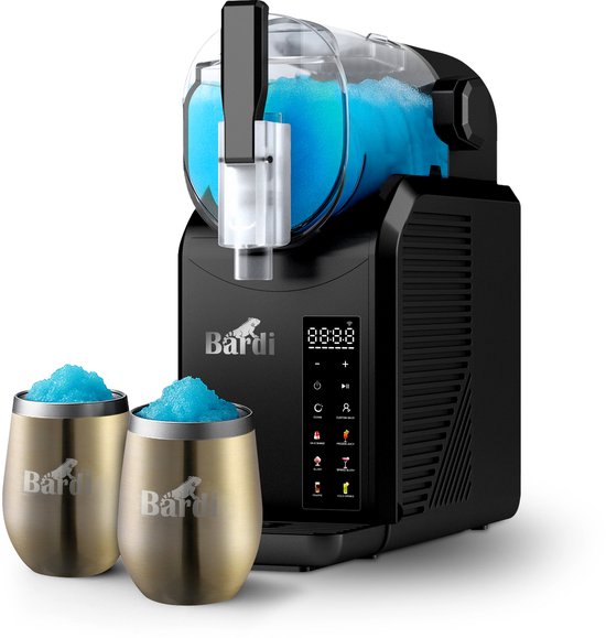 Bardi Slush Puppy Machine SET – 7-in-1 Slush, Milkshake en Smoothie Maker (2,1 liter, BPA-vrij, 40 dB, Touch-bediening) - Zwart - Met 2 Slush Puppy Dubbelwandige Thermoscups Goud van Bardi