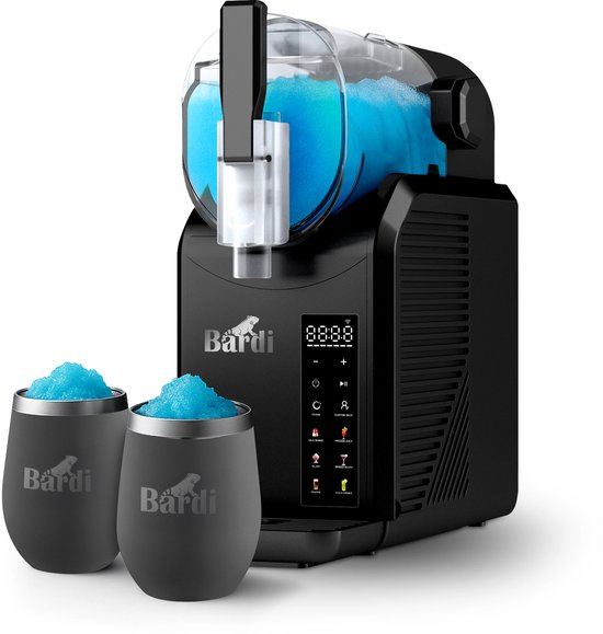Bardi Slush Puppy Machine SET – 7-in-1 Slush, Milkshake en Smoothie Maker (2,1 liter, BPA-vrij, 40 dB, Touch-bediening) - Zwart - Met 2 Slush Puppy Dubbelwandige Thermoscups Grijs van Bardi