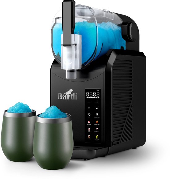 Bardi Slush Puppy Machine SET – 7-in-1 Slush, Milkshake en Smoothie Maker (2,1 liter, BPA-vrij, 40 dB, Touch-bediening) - Zwart - Met 2 Slush Puppy Dubbelwandige Thermoscups Groen van Bardi