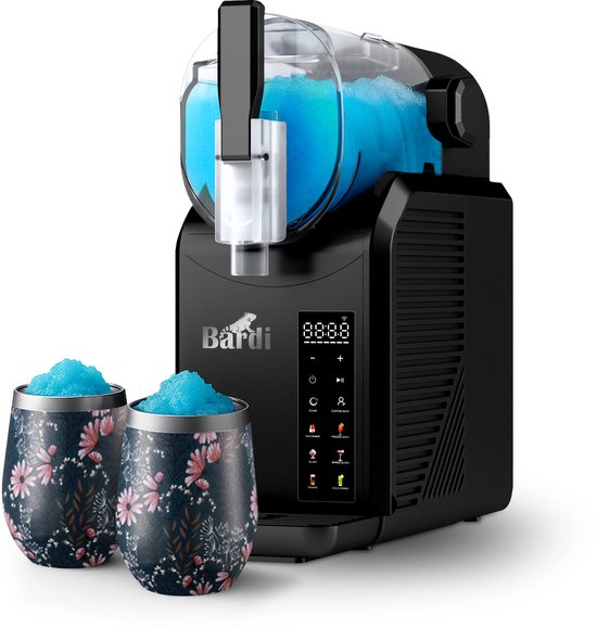 Bardi Slush Puppy Machine SET – 7-in-1 Slush, Milkshake en Smoothie Maker (2,1 liter, BPA-vrij, 40 dB, Touch-bediening) - Zwart - Met 2 Slush Puppy Dubbelwandige Thermoscups Japanese Flower van Bardi