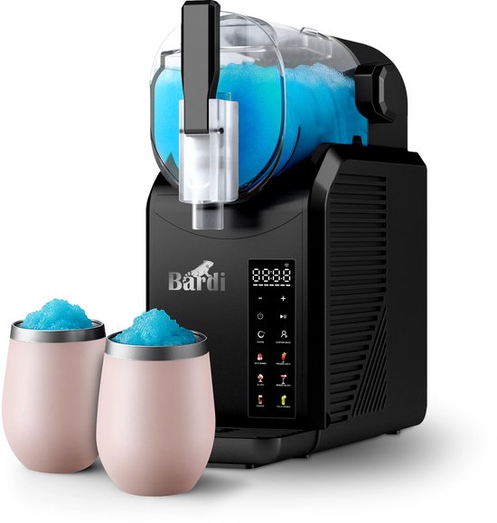 Bardi Slush Puppy Machine SET – 7-in-1 Slush, Milkshake en Smoothie Maker (2,1 liter, BPA-vrij, 40 dB, Touch-bediening) - Zwart - Met 2 Slush Puppy Dubbelwandige Thermoscups Roze van Bardi