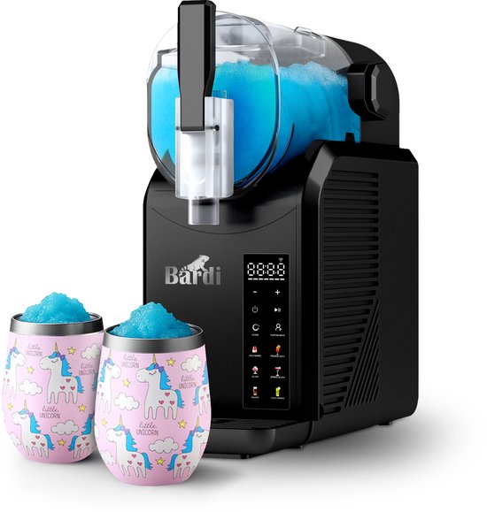 Bardi Slush Puppy Machine SET – 7-in-1 Slush, Milkshake en Smoothie Maker (2,1 liter, BPA-vrij, 40 dB, Touch-bediening) - Zwart - Met 2 Slush Puppy Dubbelwandige Thermoscups Unicorn van Bardi