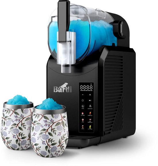 Bardi Slush Puppy Machine SET – 7-in-1 Slush, Milkshake en Smoothie Maker (2,1 liter, BPA-vrij, 40 dB, Touch-bediening) - Zwart - Met 2 Slush Puppy Dubbelwandige Thermoscups White Flower van Bardi