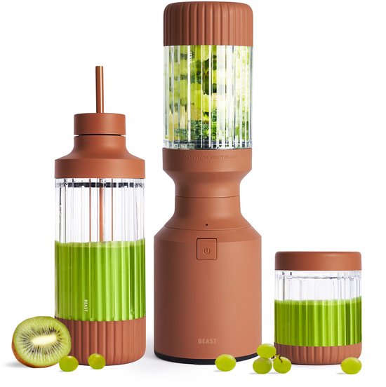 BEAST Blender - 3 To-go bekers - 785 ml - Smoothie maker met bewaardoppen, drinkdop en draagdop - 850 W - Terra van BEAST