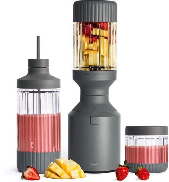 BEAST Blender - Smoothie maker met 3 to-go bekers, bewaardoppen en draagclip - 1200W - Mixt bevroren fruit & ijs - Grijs van Merkloos