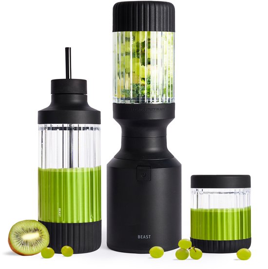 BEAST Smoothie maker - Blender met 3 to-go bekers, bewaardoppen en draagclip - 850W - Mixt bevroren fruit & ijs - Zwart