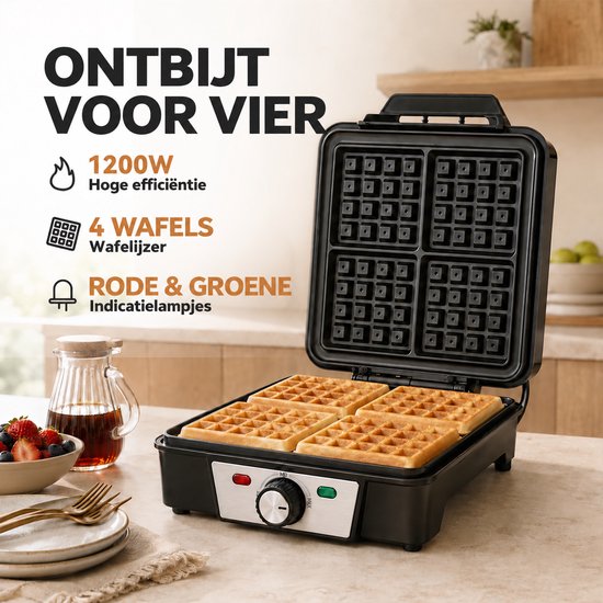 Belgisch Wafelijzer 1200 W - 4 Wafels Tegelijk - Wafelmaker met Instelbare Temperatuur en Antiaanbaklaag - Overlooprand - Indicatielampjes - Compact Rechtop Opbergen - Voor Brunch en Desserts - Zwart/Zilver