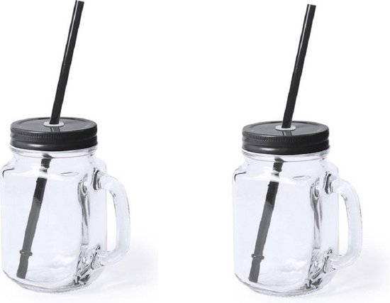 Bellatio Design Mason Jar Drinkfles met rietje - 500ml - Glas - Zwart - 2 stuks van Bella