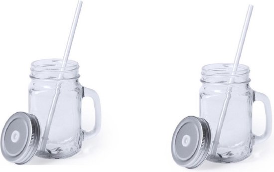 Bellatio Design Mason Jar Drinkfles met rietje en - 500ml - Glas - Grijs - 2 stuks van Bella