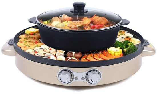 Benelux Select Hotpot – Hotpot electrisch – Chinese fondue – Met anti-aanbak grill – goudkleurig – multi-inzetbaar - 4 liter