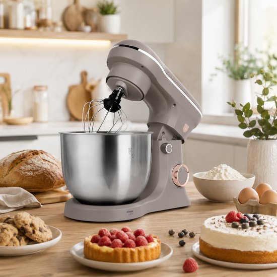 Berlinger Haus® Keukenmachine 1300W – Krachtige Mixer met 5L RVS Mengkom – 6 Snelheidsstanden – Pulsefunctie – Matt Taupe