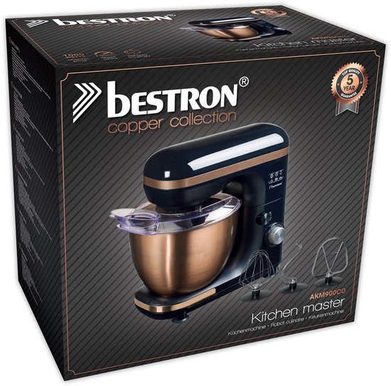 Bestron 4-in-1 Keukenmachine, 7 Snelheidsstanden, incl. Garde, Kneedhaak en Mengarm, met spatscherm & mengkom van 2,5 liter, 1000W, kleur: koper van Bestron