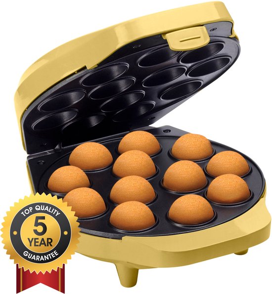 Bestron Cake pop maker - DCPM12V - 700W - 12 cake pops - Incl. 12 stokjes & vorkjes - Geel - 5 jaar garantie