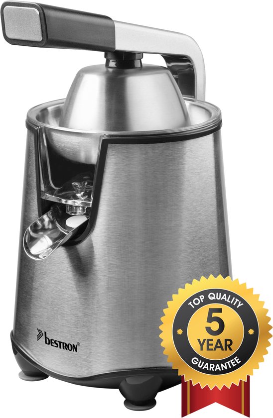 Bestron Citruspers Elektrisch - ACJ600SS - 200W - Incl. 2 perskegels, pulpfilter, druppelstop, pershendel - Zilver - 5 jaar garantie