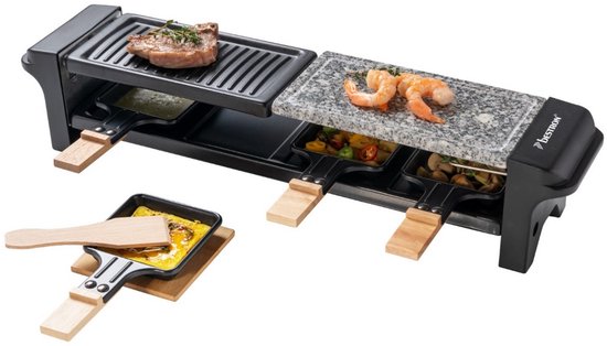 Bestron elektrische Gourmetstel, Raclette voor maximaal 4 personen, krasbestendige natuurlijke grillsteen & bakplaat met antiaanbakplaag, inclusief 4 pannen, 4 spatels & 4 Onderzetter, 650 Watt, kleur: zwart/hout.