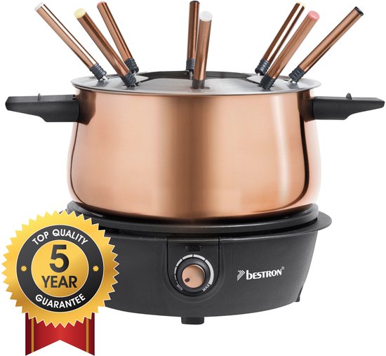 Bestron Fondueset Elektrisch AFD850CO - 1500W - 1,5L voor 8 personen - Incl 8 fonduevorkjes - Koper - 5 jaar garantie