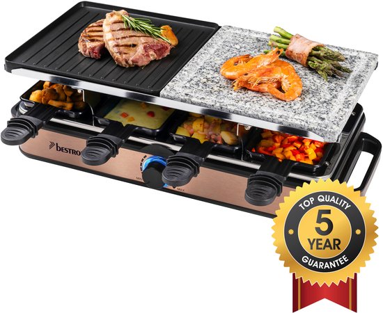 Bestron Gourmetset - ARG1200CO - 1400W - Bakplaat 8 personen - Steengrill, Incl 8 pannetjes - Koper - 5 jaar garantie