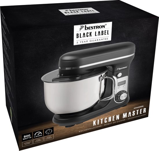 Bestron Keukenmachine, Super Stille (65dB) 4-in-1 Keukenmachine met DC-motor, 6 liter mengkom, incl. deeghaak, garde en klopper, 6 snelheden + pulsefunctie, kleur: Mat Zwart van Bestron