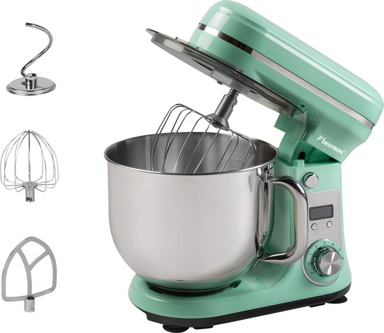 Bestron Keukenmachine, Super Stille (65dB) 4-in-1 Keukenmachine met DC-motor, 6 liter mengkom, incl. deeghaak, garde en klopper, 6 snelheden + pulsefunctie, kleur: Mint van Bestron