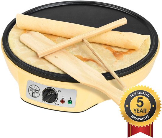 Bestron Pannenkoekenmaker - ASW602 - 1000W - Crêpemaker - 30cm - Geel - Incl houten stapel en verdeler - 5 jaar garantie