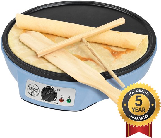 Bestron Pannenkoekenmaker - ASW602B - 1000W - Crêpemaker - 30cm - Blauw - Incl houten stapel en verdeler - 5 jaar garantie