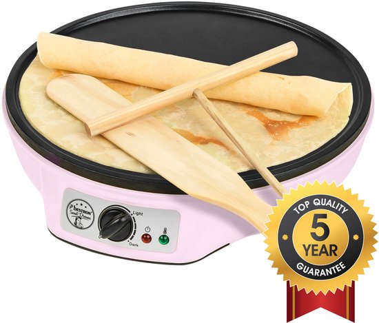 Bestron Pannenkoekenmaker - ASW602P - 1000W - Crêpemaker - 30cm - Roze - Incl houten stapel en verdeler - 5 jaar garantie