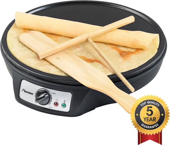Bestron Pannenkoekenmaker - ASW602Z - 1000W - Crêpemaker - 30cm - Zwart - Incl houten stapel en verdeler - 5 jaar garantie