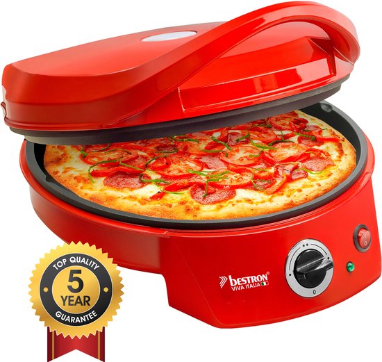 Bestron Pizzaoven - APZ400 - Temperatuur tot 230Â°C - Ã˜27 cm - Rood - Ook te gebruiken als tafelgrill - 5 jaar garantie