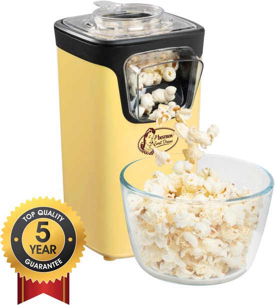 Bestron Popcorn machine - APC200V - Popcornmaker - Incl. 10 popcorn zakken en maatlepel - Klaar in 2 min - Geel - 5 jaar garantie