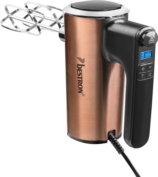 Bestron Power Handmixer, krachtige handmixer met 6 snelheden, turbo-functie & LCD-display, mixer inclusief 2 gardes & 2 kneedhaken, lichtgewicht van 1KG, kleur: koper van Bestron