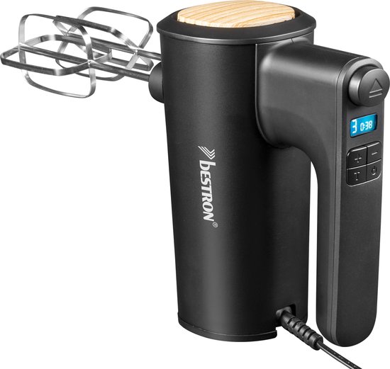 Bestron Power Handmixer, krachtige handmixer met 6 snelheden, turbo-functie & LCD-display, mixer inclusief 2 gardes & 2 kneedhaken, lichtgewicht van 1KG, kleur: Zwart/Hout van Bestron