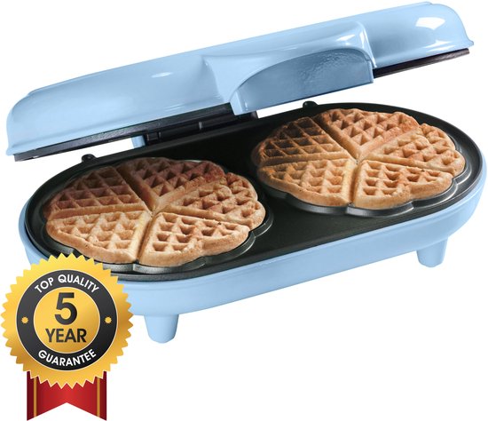 Bestron Wafelijzer - ADWM1000B - 1000W - 10 hartvormige wafels - Anti aanbaklaag - Blauw - 5 jaar garantie van Bestron