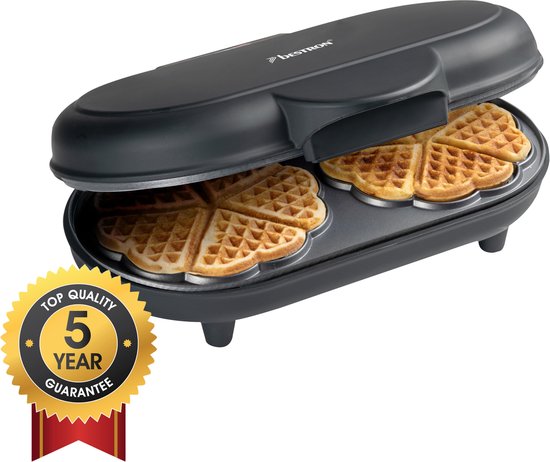 Bestron Wafelijzer - ADWM1000BL - 1000W - 10 hartvormige wafels - Anti aanbaklaag - Zwart - 5 jaar garantie van Bestron