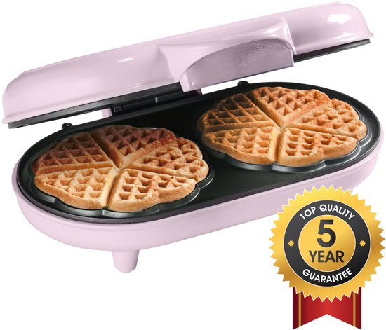 Bestron Wafelijzer - ADWM1000P - 1000W - 10 hartvormige wafels - Anti aanbaklaag - Roze - 5 jaar garantie van Bestron