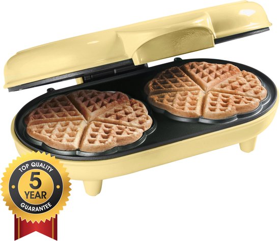 Bestron Wafelijzer - ADWM1000V - 1000W - 10 hartvormige wafels - Anti aanbaklaag - Geel - 5 jaar garantie van Bestron