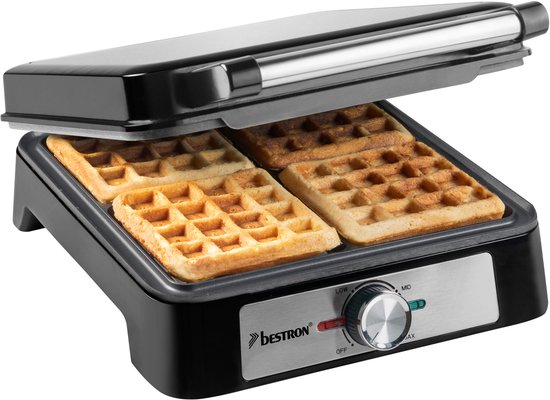 Bestron Wafelijzer ASW1600S - 4 Wafels per Bakbeurt - Instelbare Thermostaat - Antiaanbaklaag - 1600 W van Bestron