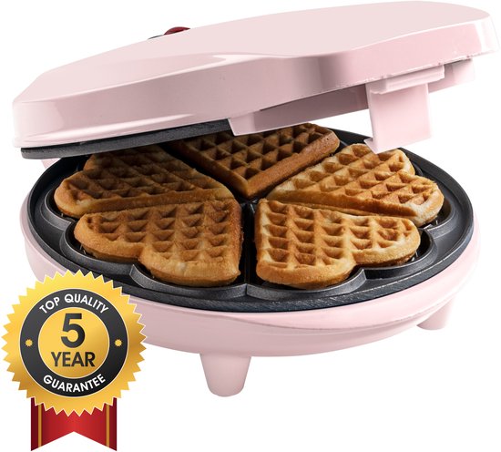 Bestron Wafelijzer - ASW217 - 700W - 5 hartvormige wafels - Anti aanbaklaag - Roze - 5 jaar garantie van Bestron