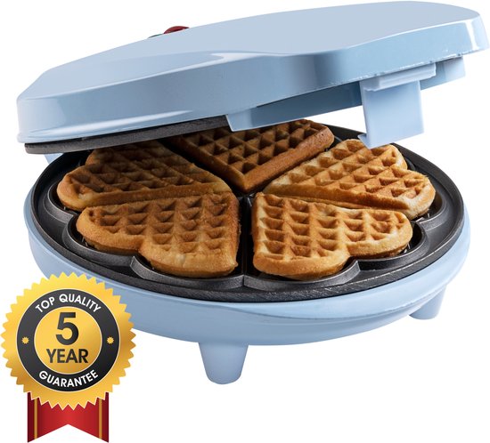 Bestron Wafelijzer - ASW217B - 700W - 5 hartvormige wafels - Anti aanbaklaag - Blauw - 5 jaar garantie van Bestron